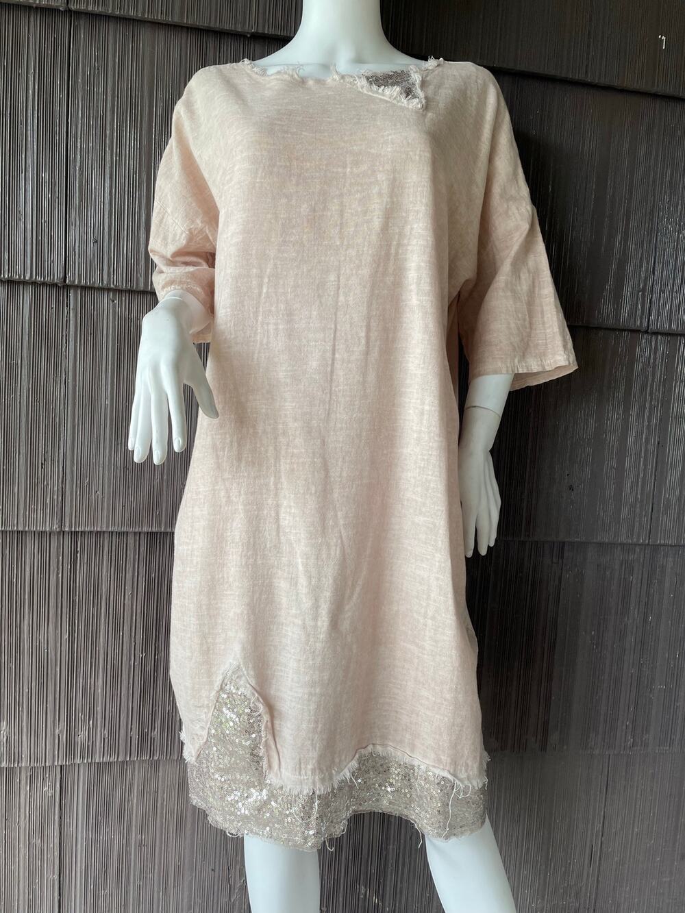 🔥Made in Italy Linen Blend Sequins Embellished Tunic Midi Dress Boho Lagenlook